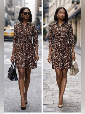 An Original Milly Shirt Dress Size 2 Brown White Print Belted Mini City Chic